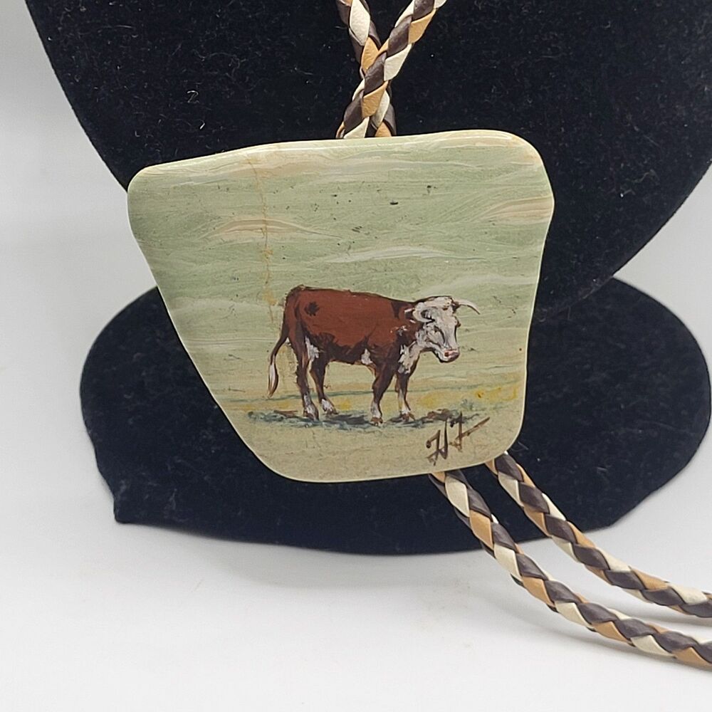 VTG Signed T Polasky Hand Painted Hereford Cow Stone Bolo Tie Braided Leather 33